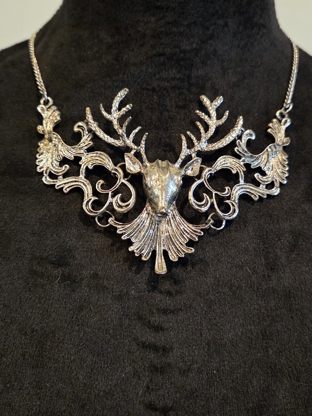 Silver-tone Stag Antler Statement Necklace